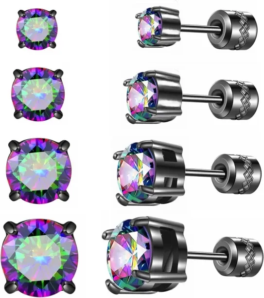 Shiyuan 4 Pairs Titanium Hypoallergenic Earrings for Sensitive Ears,Rainbow 5A Cubic Zirconia Screw…