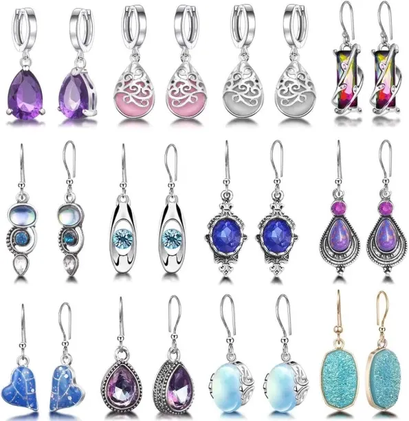 Junxidz 12 Pairs Teardrop Druse Crystal Drop Dangle Earrings for Women Cubic Zirconia Huggie Hoop E…