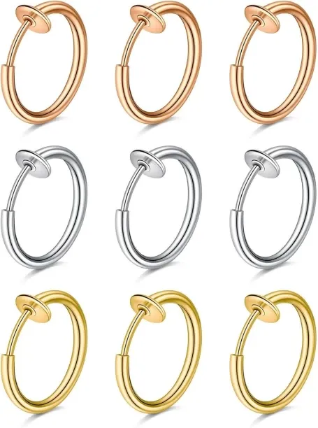 Jingchao Fake Nose Rings Hoop Clip on Spring Fake Hoop Earring Stainless Steel Retractable Faux for…