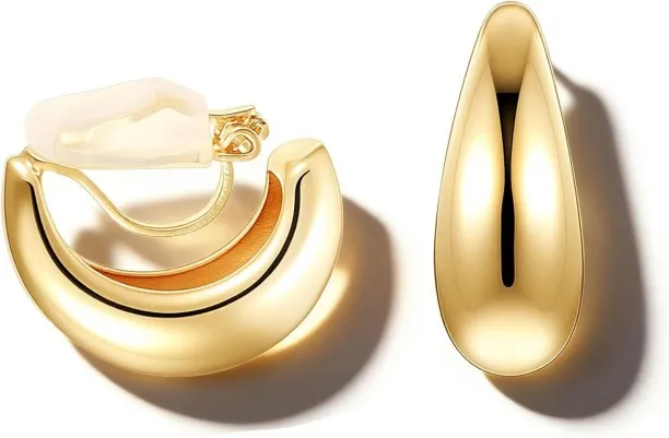 Pofufusm Gold Clip On Earrings for Women, Trendy Non Pierced Earrings Gold Chunky Small Huggie Hoop…