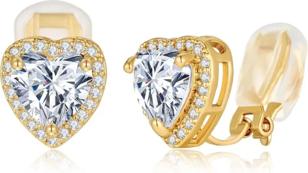 Jingchao Clip On Earrings for Women Halo Clip-on Non-pierced Earrings Gold Plated Small CZ Studs Da…