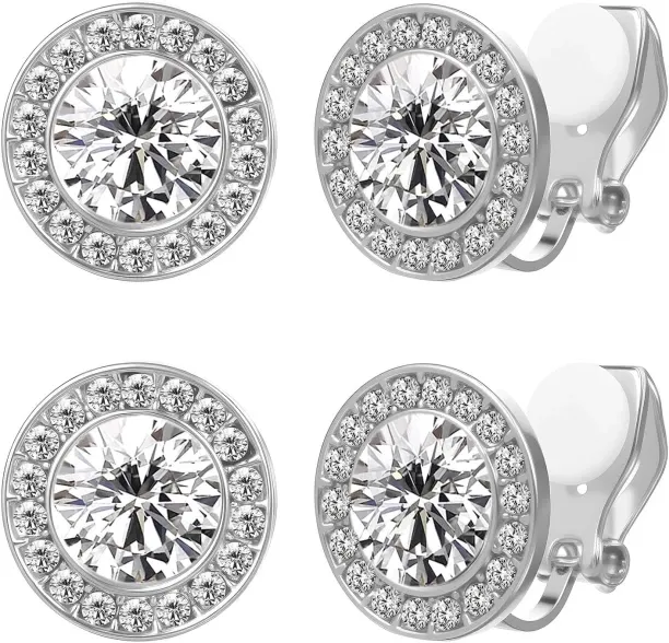 Shiyuan 2 Pairs Clip on Dance Earrings Crystal Clip On Stud Halo Earrings Rhinestone Ear Clips Silv…