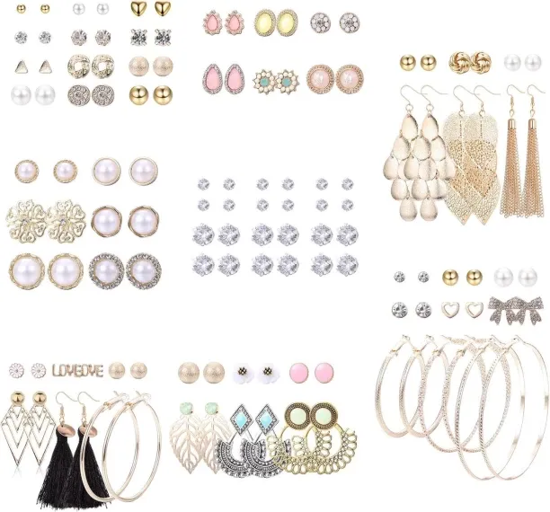 Shiyuan 61-63 Pairs Assorted Multiple Stud Earrings for Women Simple Cute Flower Big Hoop Earrings …