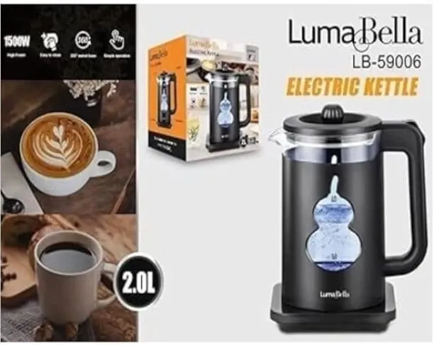 LumaBella High-Power 1500W Glass Kettle with 2.0L Capacity Electric Kettle