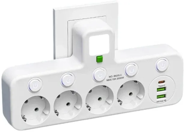 Zuosheng EU Plug Outlet 4 Sockets Electrical Socket No Extension Cord with USpB Type-C Ports Two Sp…