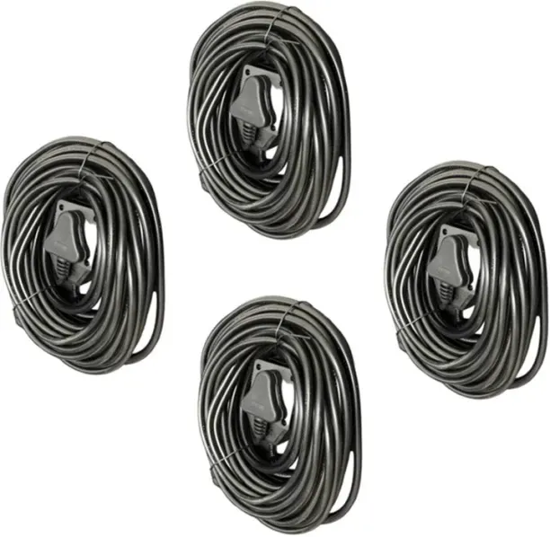 The Price Traders 20m Extension Cord - Black 16A 250V - Pack of 4 - Three Pin Plug