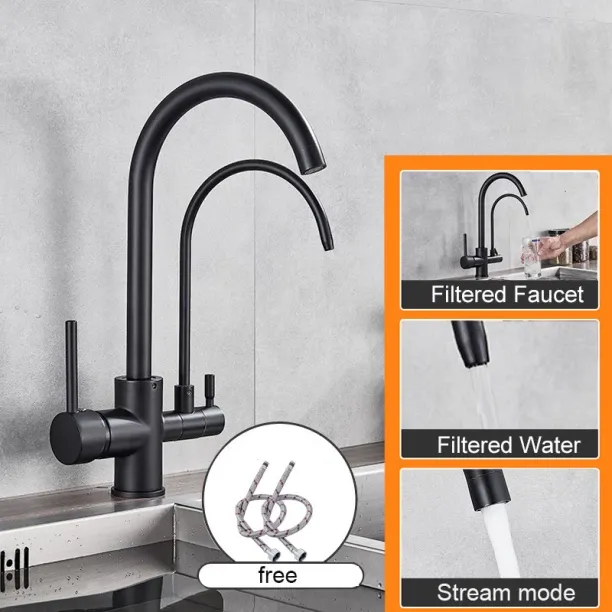 MAX (Matte black B)Matte Black Pure Water Kitchen Faucet Dual Handle Hot and Cold Drinking Water Pu…