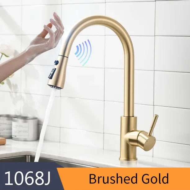 jh (1068-Brushed Gold)Smart Touch Kitchen Faucets Crane For Sensor Kitchen Water Tap Sink Mixer Rot…