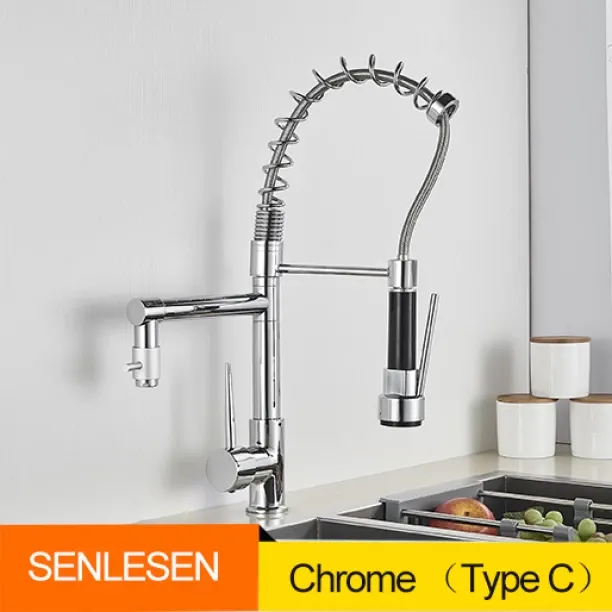 MAX (Chrome C) Black Spring Pull Down Kitchen Sink Faucet Deck Mounted 360°Swivel Dual Spout Hot Co…