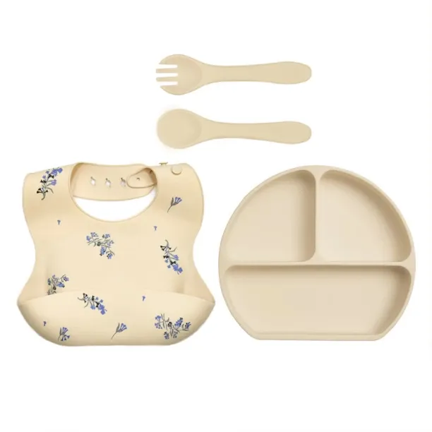 OMGift Silicone Feeding Kit Divided Suction Plate Bib Spoon Fork Pack  - Silicone, pp