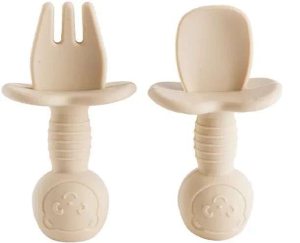 OMGift Two Piece Cartoon Silicone Baby Spoon Fork Set Anti Choke Safety Guard Design  - Silicone