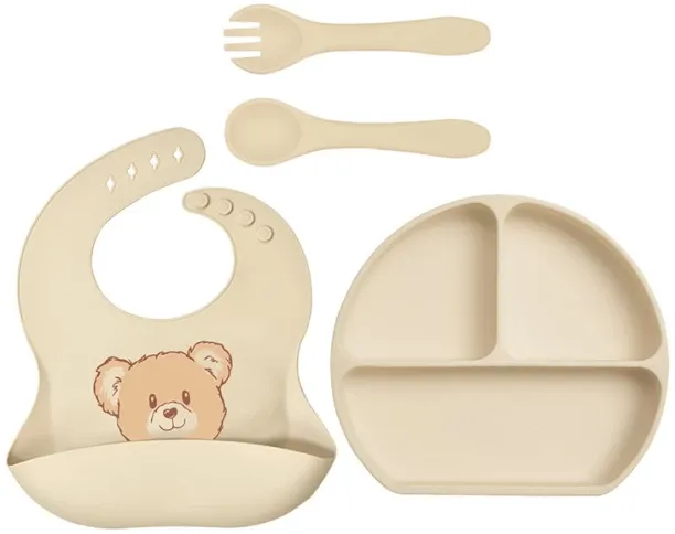 OMGift Silicone Feeding Kit Divided Suction Plate Bib Spoon Fork Pack  - Silicone, pp