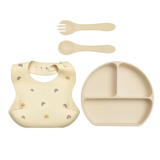 OMGift Silicone Feeding Kit Divided Suction Plate Bib Spoon Fork Pack  - Silicone, pp