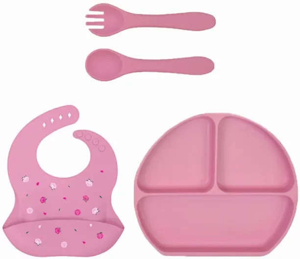 OMGift Silicone Feeding Kit Divided Suction Plate Bib Spoon Fork Pack  - Silicone, pp