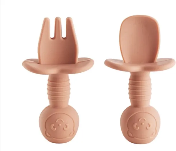 OMGift Two Piece Cartoon Silicone Baby Spoon Fork Set Anti Choke Safety Guard Design  - Silicone