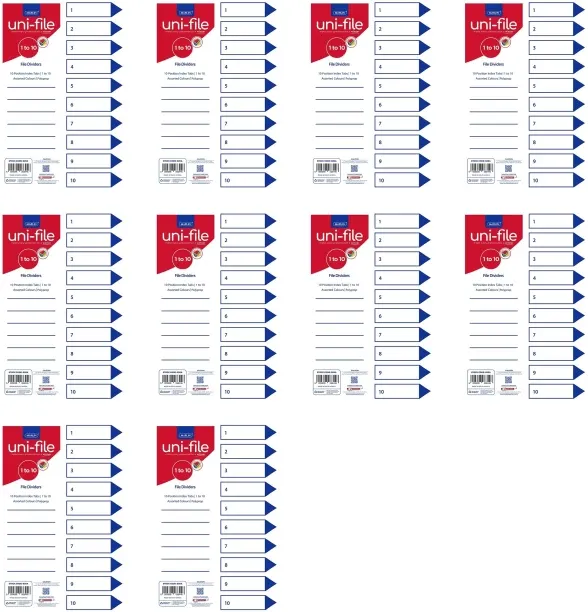 Marlin PVC File Dividers & Indexes Polyprop: 10 Position Printed 1-10