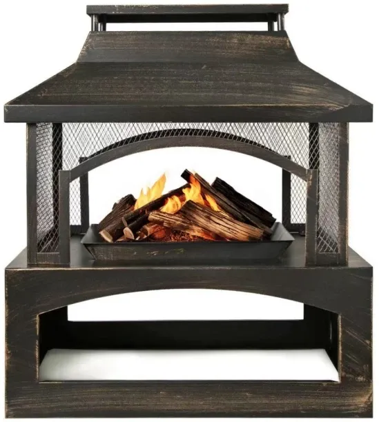 Outdoor Buddy EmberLounge Outdoor Fire Place – Mesh Sides, Wood Shelf &Bronze Finish / Wood Firepla…