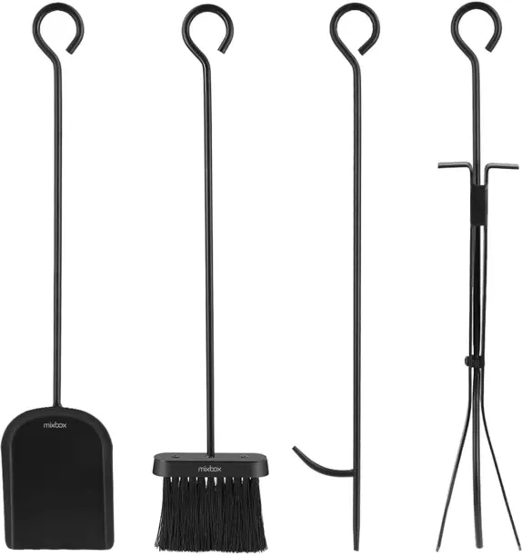Mix Box Mix Box 4PCs Fireplace Tools with Shovel, Poker, Tongs, Broom Wood Fireplace