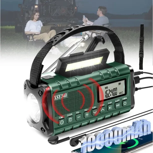 Bloo Emergency weather radio, LED flashlight, 4 charging modes, crank and solar power, USB charging…