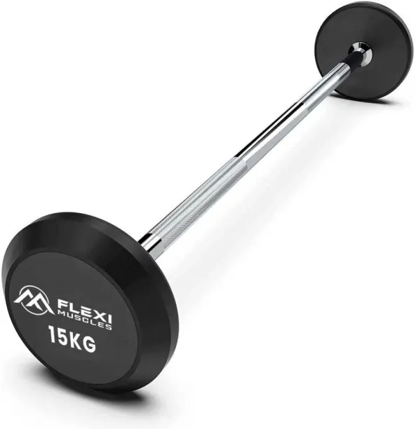 Flexi Muscles Rubber Fixed Straight Pre-Loaded Weights 15KG Black Weight Plate
