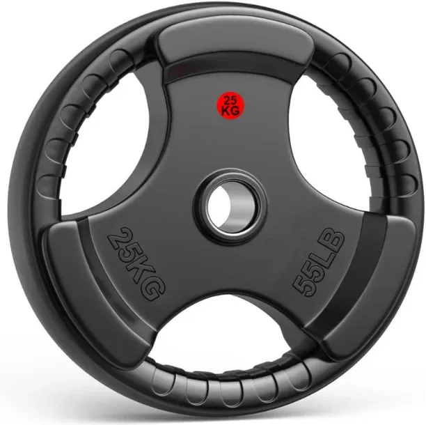 HOME GYM 25Kg - Weight Plates Rubber Coated Cast Iron Weights - Tri Grip BLACK Weight Plate