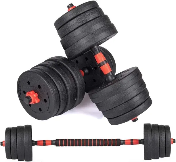 Everlast 30kg Vinyl Barbell and Dumbell Set Black, Red Bar & Plate Combo