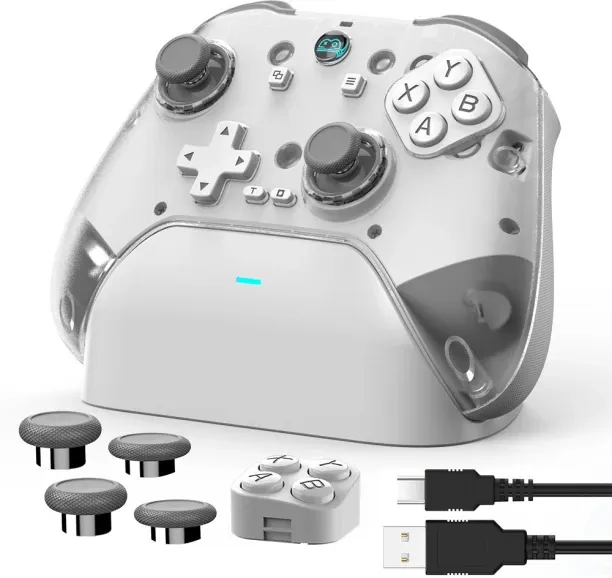 Moucles Transparent Wireless Game Controller with Charging Dock, Interchangeable Buttons & Thumbsti…