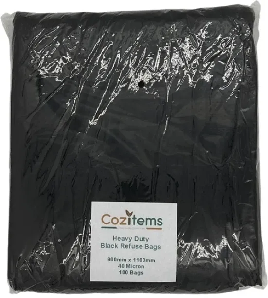 Cozitems Heavy-Duty Black Refuse Bags - 900 x 1100mm - 40 Microns - 100 Pack Jumbo 140 L Garbage Ba…