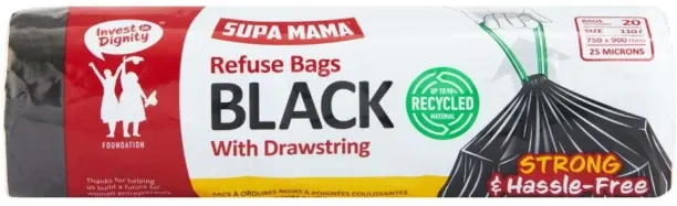 Supa Mama Refuse Bag Black with drawstring 750 x 900 mm Jumbo 20 L Garbage Bag