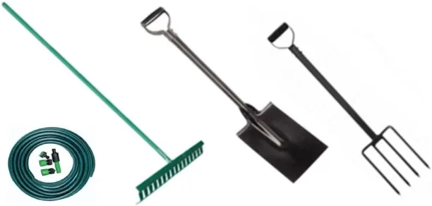 Otto Garden Hose 12mm x 20m with Fittings + Rake + Spade + Fork Garden Tool Kit