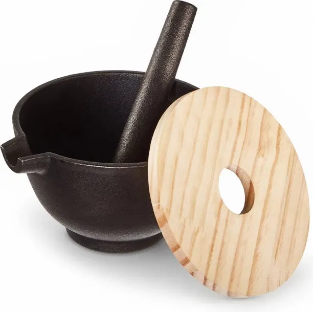 Chenshia Cast Iron Mortar & Pestle with Lid – Heavy Duty Spice, Garlic & Herb Grinder with Pour Spo…