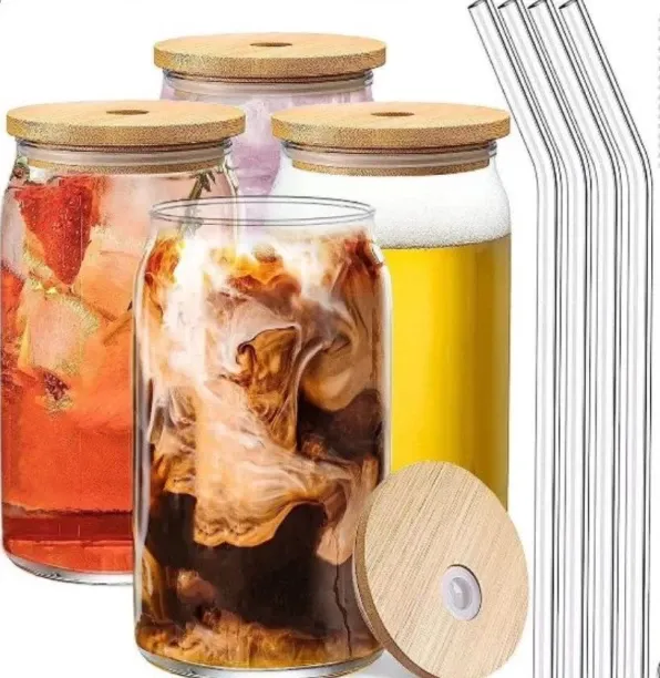 Generic 4 Piece Set Of Can-Shaped Drinking Glasses With Bamboo Lids And Straws. Cocktail Glass Set