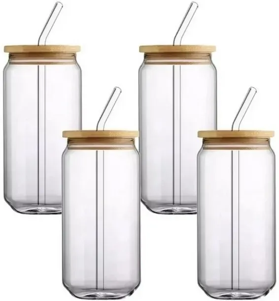 HomewareOnline (Pack of 4) 4pcs Glasses with Bamboo Lids and Glass Straw Water/Juice Glass Set Wate…