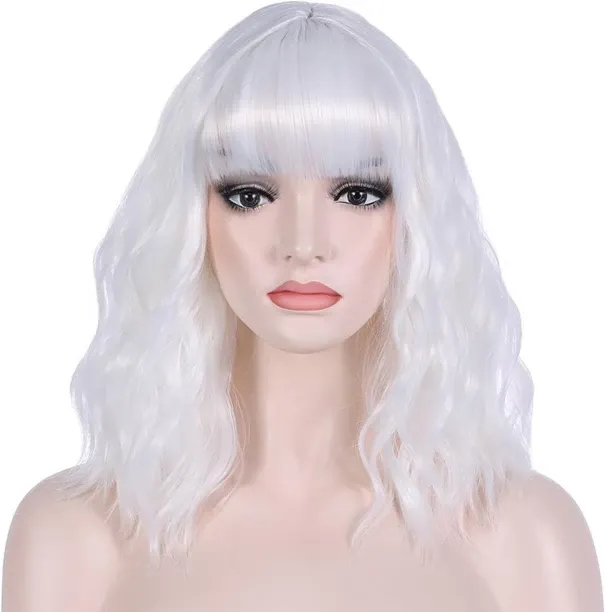 ONESTOGO White Wigs Short Curly Bob Wig with Bangs Wavy Hair Wigs 14 Inches Women's Synthetic Wigs …