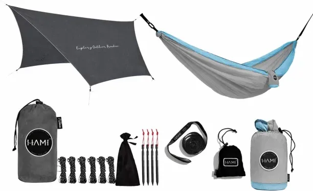 HAMI EcoTarp 3.6m x 2.9m & Double Sea Mist 3m x 1.8m Nylon Hammock