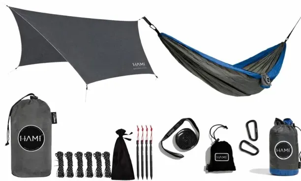 HAMI EcoTarp 3.6m x 2.9m & Dark Sea Double 3m x 1.8m Nylon Hammock