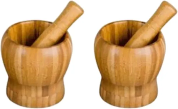 Wobuciko Bamboo Mortar and Pestle Set, Natural Wood, Kitchen Spice Grinder, 2 Pack Manual Hand Mull…