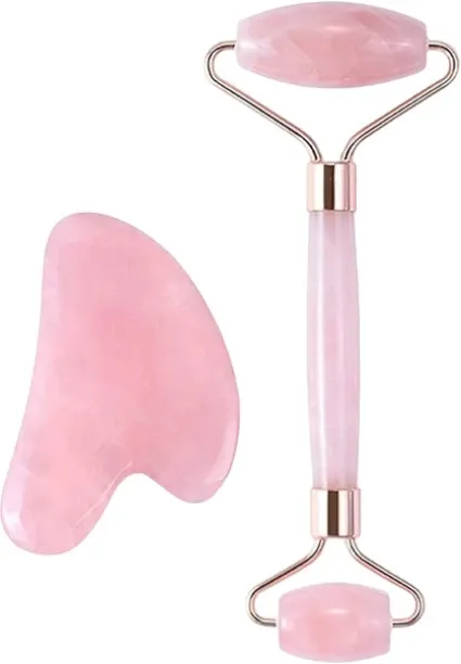 Aurora Products Natural Jade Rose Quartz Stone Facial Roller & Gua Sha Set