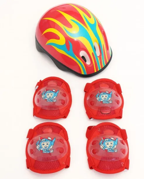 Generic Kids Protective Gear Set with Helmet – Red Flame Design (5-Piece Set) Cycling Open Face Hel…