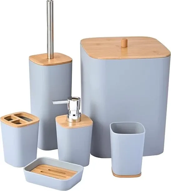 Bamboo Bathroom Accessories set, 6 Pieces Bathroom Accessory Set, Bathroom Bin And Toilet Brush Set…