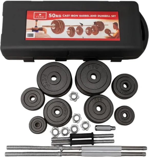 fancystuff 50kg Cast Iron Barbell & Dumbbell Set - Home Gym Adjustable Dumbbells
