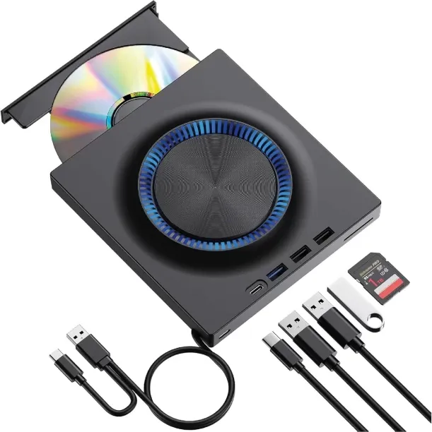 Flycross Multifunctional External CD/DVD Drive with USB 3.0 Hub, SD/TF Card Reader & USB-C – Compat…