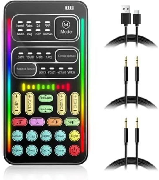 LIUHUI Portable Voice Changer, 8 Voice Changes Live Sound Card, Cool LED Lights Sound Board, Voice …