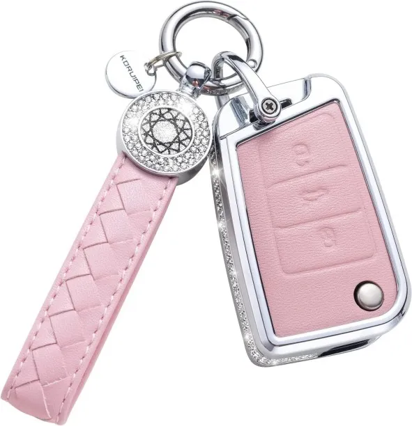 Junxidz for VW Volkswagen Key Fob Cover with Keychain, Pink Genuine Leather Crystal Key Case Protec…