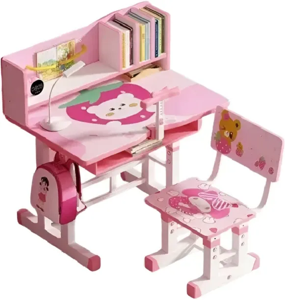 Generic Nordic Kid's Height Adjustable Cartoon Study Table With Shelves And Chair Solid Wood Study …