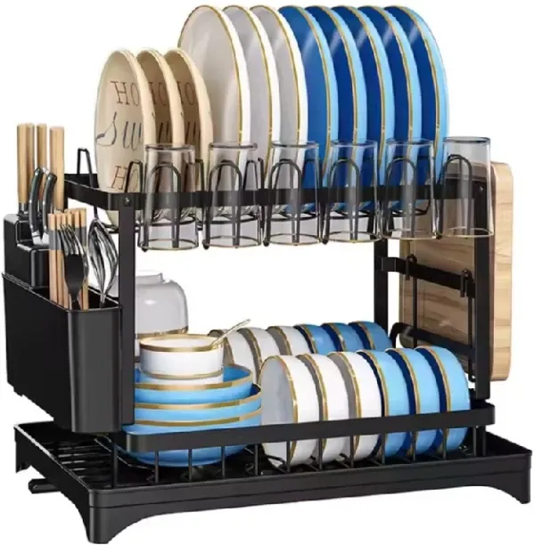 WOODLY 2-Tier Dish Drying Rack with Cutlery Holder Steel Dish Drying Kitchen Rack