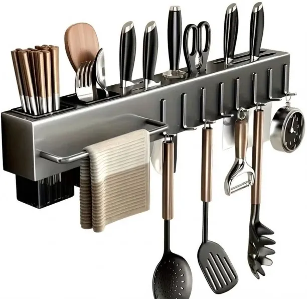 Kitchen Stainless Steel Wall-Mounted Organiser with Chopstick Cage, Space-Saving Multi- Steel Utens…