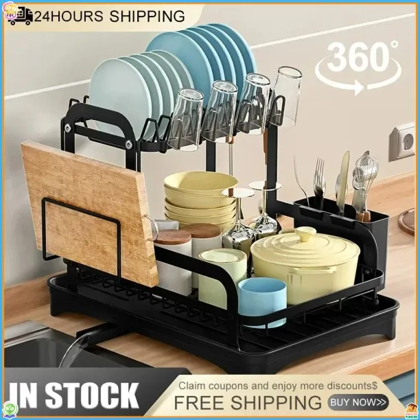 Huanix (1pcs)2 Tier Dish Drying Rack with Drip Tray Kitchen Sink Organizer Chopstick Holder Cutting…