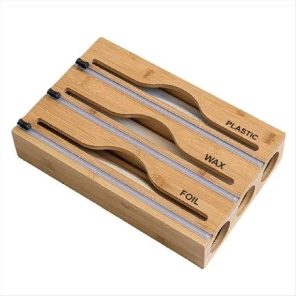 fancystuff Plastic Wrap Dispenser With Slide Cutter & Labels For Kitchen 3 Grid Wood Organizer Kitc…