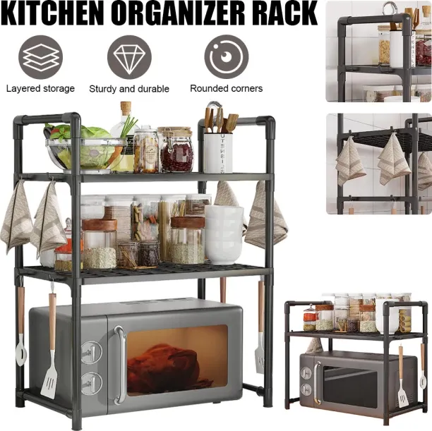Huanix (2 Tier)Black Corner Shelf with 2/3 Tiered Microwave Rack & Storage Stand for Kitchen Alumin…